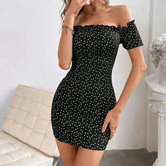 Black Boho Women Heart Print Off Shoulder Frill Trim Knitted Bodycon Dress - Picture 5 of 5